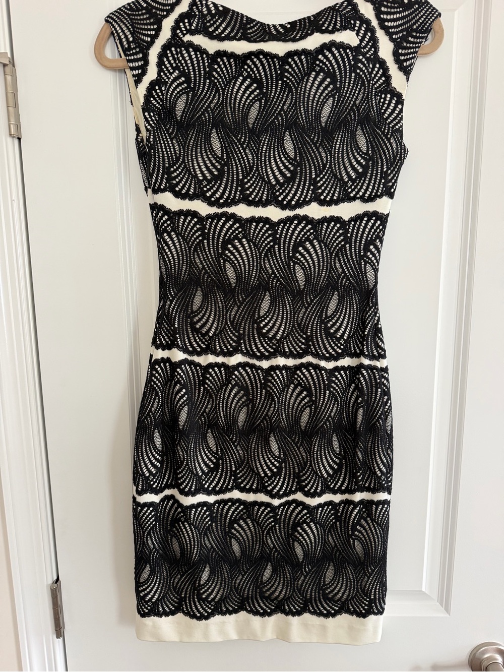 bebe Black Lace-Overlay Cream Band Bodycon Dress